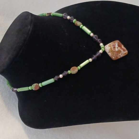 Vintage GEMSTONES 10"Necklace Jade Garnet Pearls Agate Gemstones Southwest Boho - Picture 6 of 9